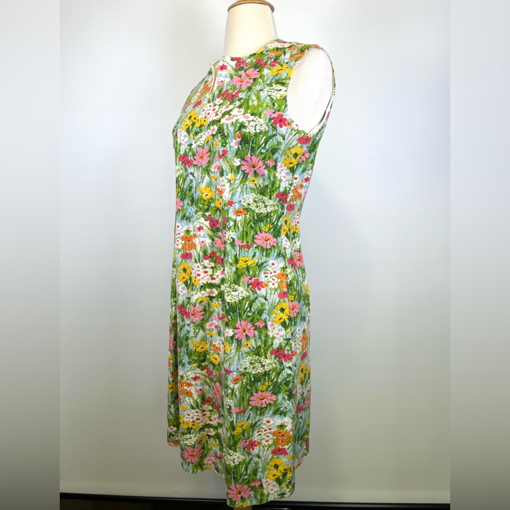 Vintage 60s Shift Mod MCM Floral Dress Green Spring Sleeveless Retro Sundress - Picture 3 of 10